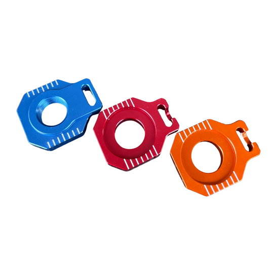 CNC Achsblöcke Kettenspanner in Blau und Orange für KTM, Husqvarna, GasGas, Husaberg